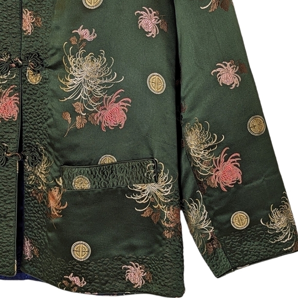 Vintage 70's Reversible Quilted  Embroidered Satin Jacket Blue Green S - Picture 8 of 16